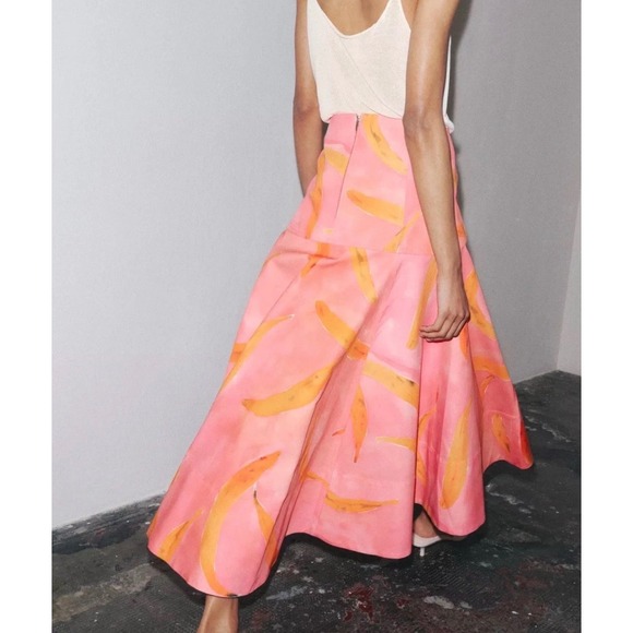 ZARA Pink Banana Print High Low Midi Skirt 3188/153 XS New With Tags - Picture 2 of 9